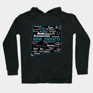 Cute map of Los Alamos New Mexico Albuquerque Santa Fe, Roswell Las Cruces Deming Carlsbad Hobbs Silver City Hoodie